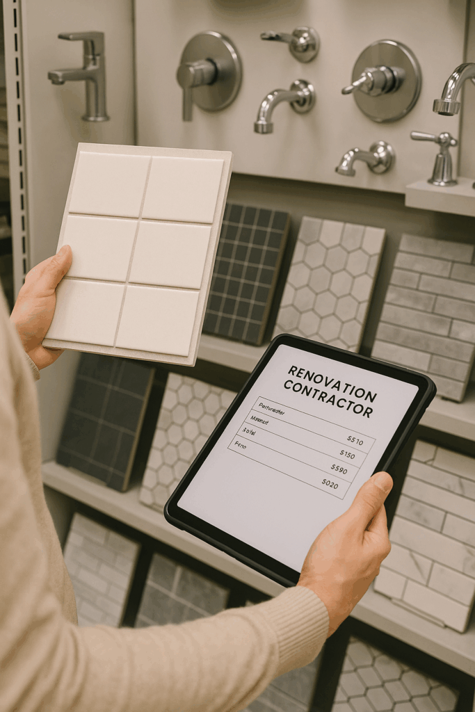 comparing bathroom tile and fixture samples