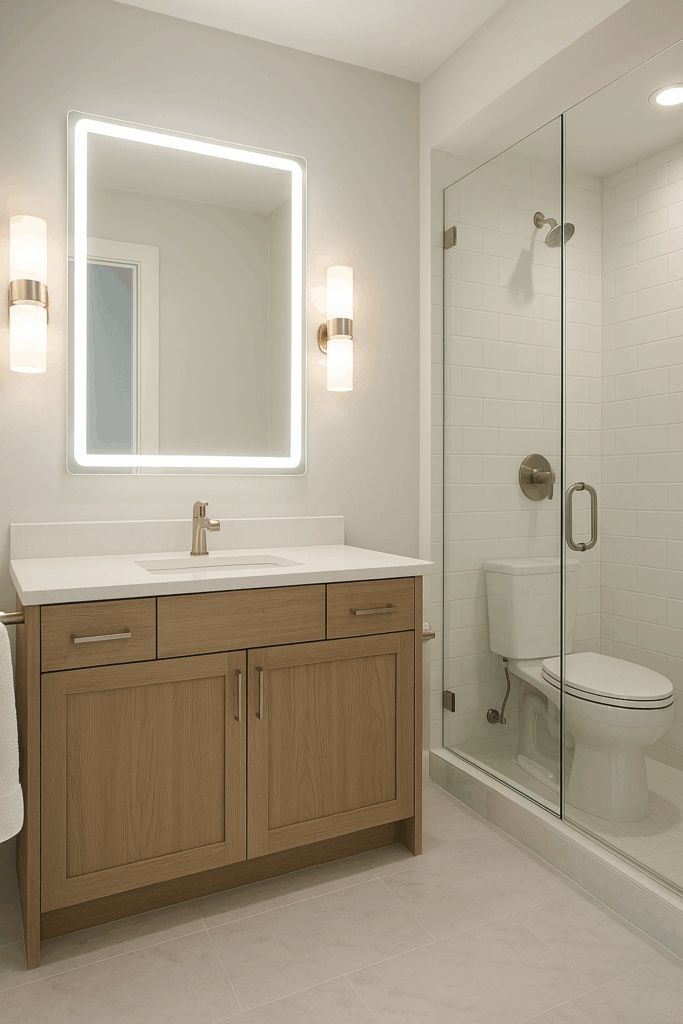 modern bathroom with LED vanity lighting and wall sconces