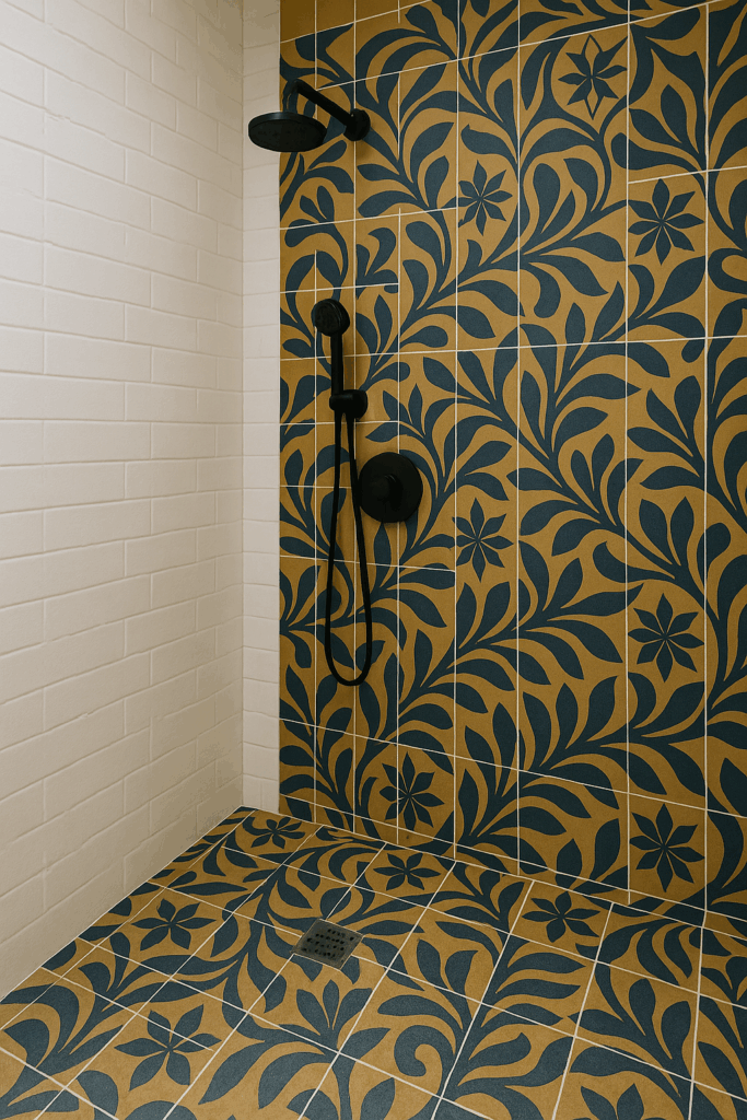 stylish bathroom floor and shower wall with contrasting ceramic tiles